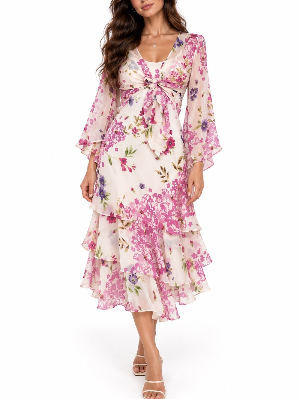 Vintage Y2K Floral Midi Dress 2 Piece Sheer Jacket Fairycore Cottagecore Ruffle